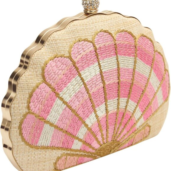 Women's Large Woven Straw Embroidered Shellsea Pattern Clutch Bag with Dual Chai - Picture 2 of 7